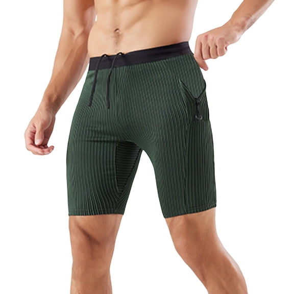 Men's Striped Performance Compression Workout Shorts Tight Gym Athletic Shorts with Pockets Army Green Size M