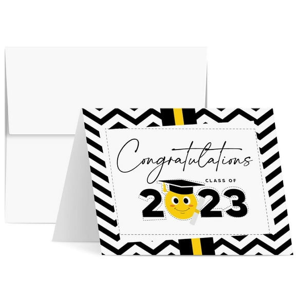 Graduation Congratulations Class of 2023 Cards – Cute & Funny Emoji Grads High School Collage Graduates Celebratory Greeting | (A2 Size) 4.25 x 5.5” Card When Folded | 25 Cards & Envelopes per Pack