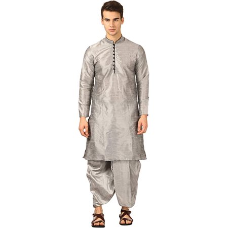 

Royal Kurta Mens Silk Blend Loop Button Kurta and Dhoti Set (38 Silver)