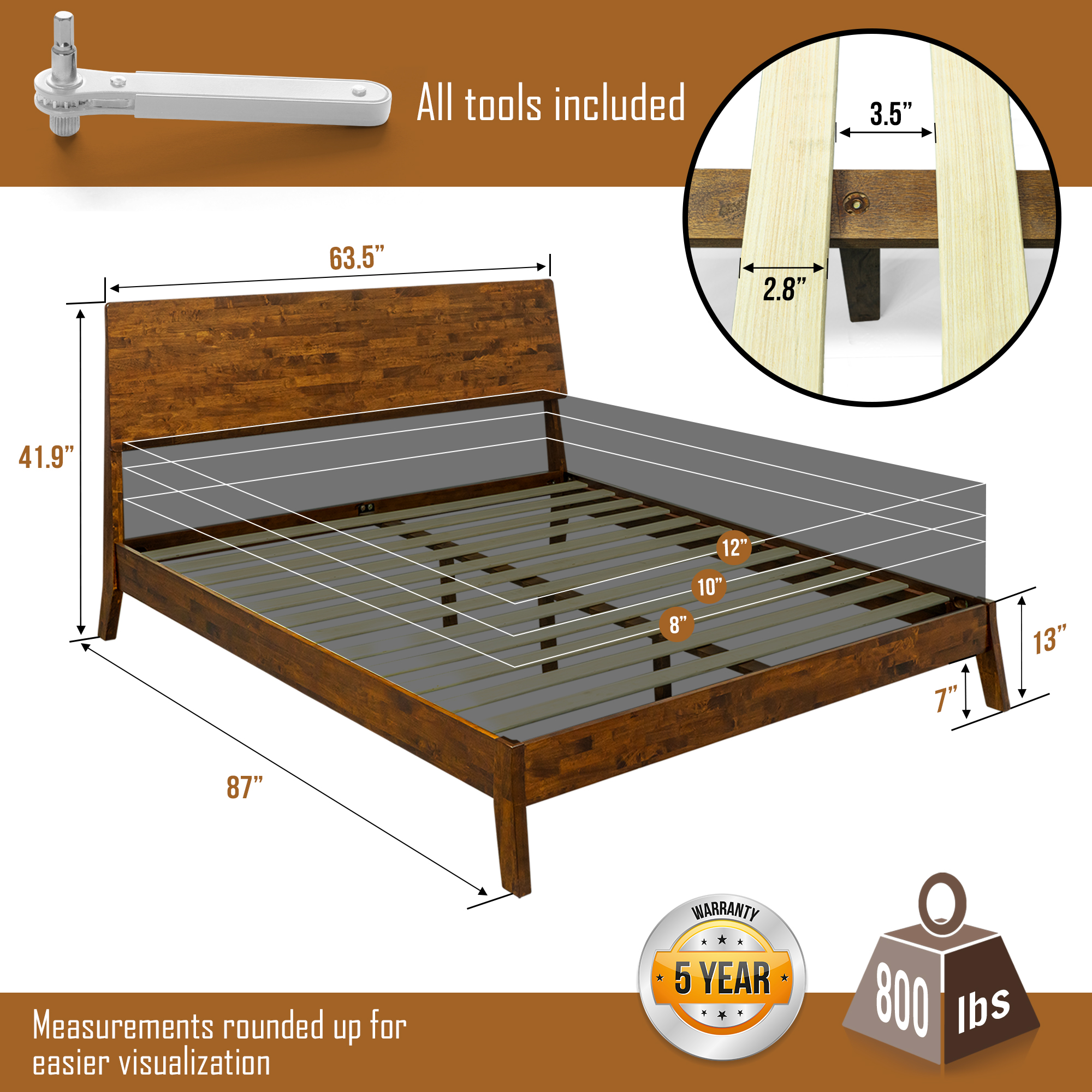 Acacia Serenity Bed Frame with Headboard Solid Wood Platform Bed, Queen Bed Frame, Tall Headboard Wood Bed Compatible with All Mattress Types, No Box Spring Needed, Quick & Easy Assembly, Caramel