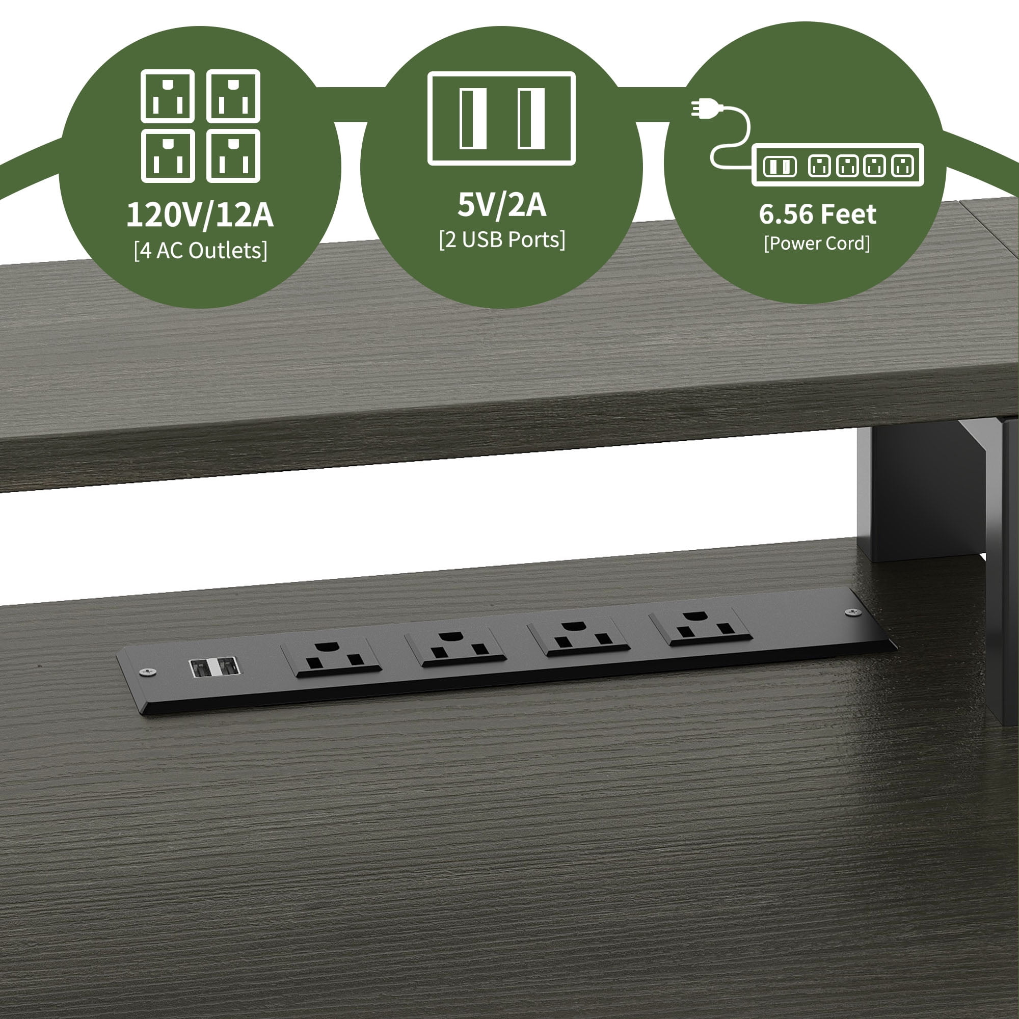Uforic L Shaped Desk with LED Light & Power Outlets, Corner Computer Desk with Drawers & Open Storage Shelves, Gray