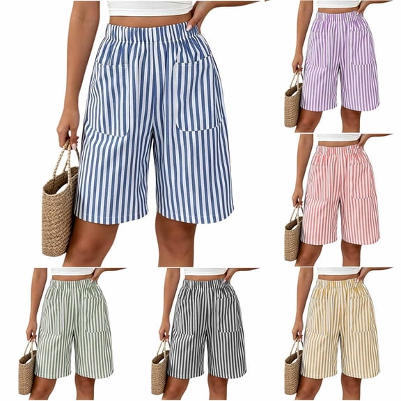 Zynoxe Shorts for Women with Pockets Trendy Versatile Striped Womens Mid-Length Shorts Lightweight Breathable Loose Fit Straight Leg Shorts Comfy Elastic Waistband Summer Vacation Outfits S