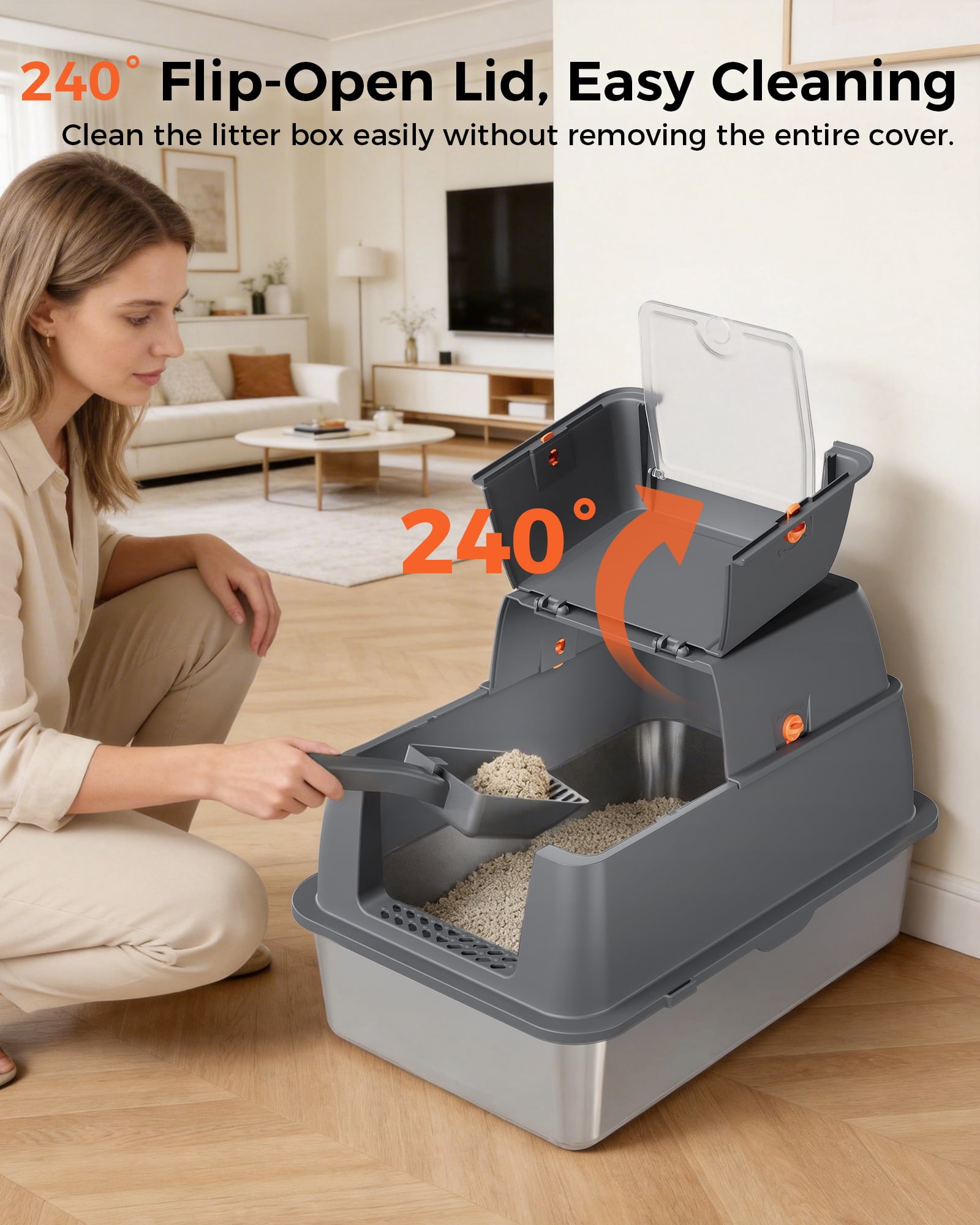 CloudRest Pro Enclosed Stainless Steel Cat Litter Box with Lid, Litter Scoop, Odor-Control Kitty Litter Tray with Scratcher for Small to Medium Cats（with No.2 Cartoon Sticker）