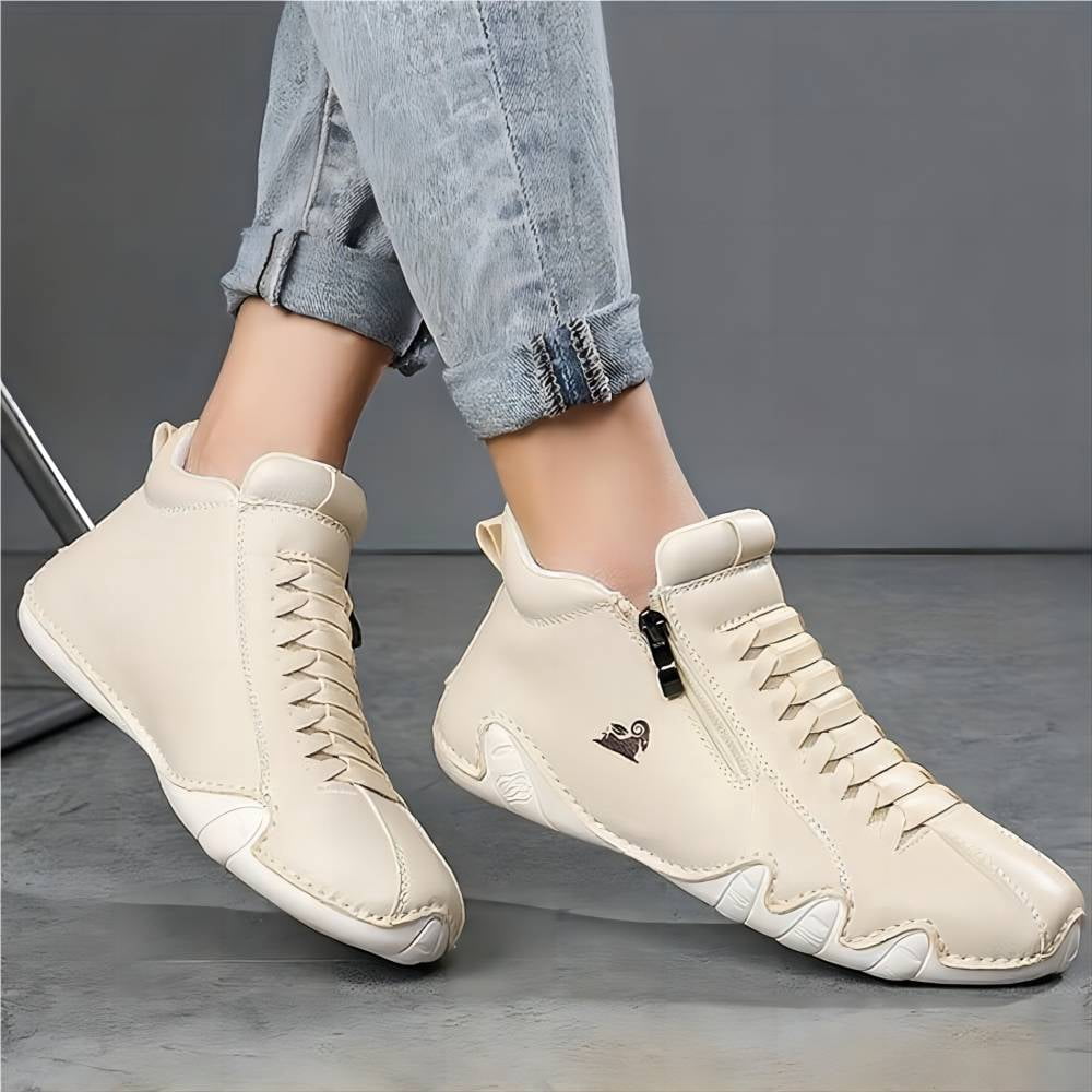 Men's Casual Loafers Leather Hand-stitched Lightweight Non-Slip Breathable Hiking Outdoor Soft Flat Boots Mid-Top Shoes Beige 9.5 US