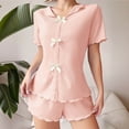 thumbnail image 4 of Naotn 2 Piece Sets for Women Summer Matching Short Set, Casual Lapel Short Sleeve Ribbed Bow Front Shirt Ruffle Shorts, 4 of 7