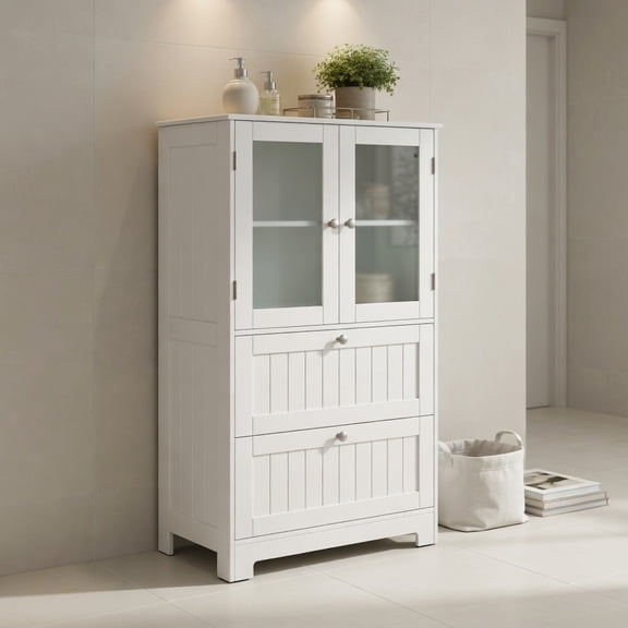 Spaco White Bathroom Floor Storage Cabinet, Freestanding Cupboard with 2 Drawers & Frosted Glass Doors