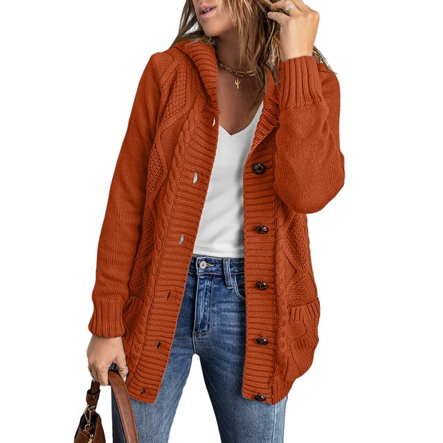 Cárdigan con textura de punto de otoño e invierno, suéter con botones, chaqueta con capucha gruesa y suelta para mujer de estilo europeo y americano
