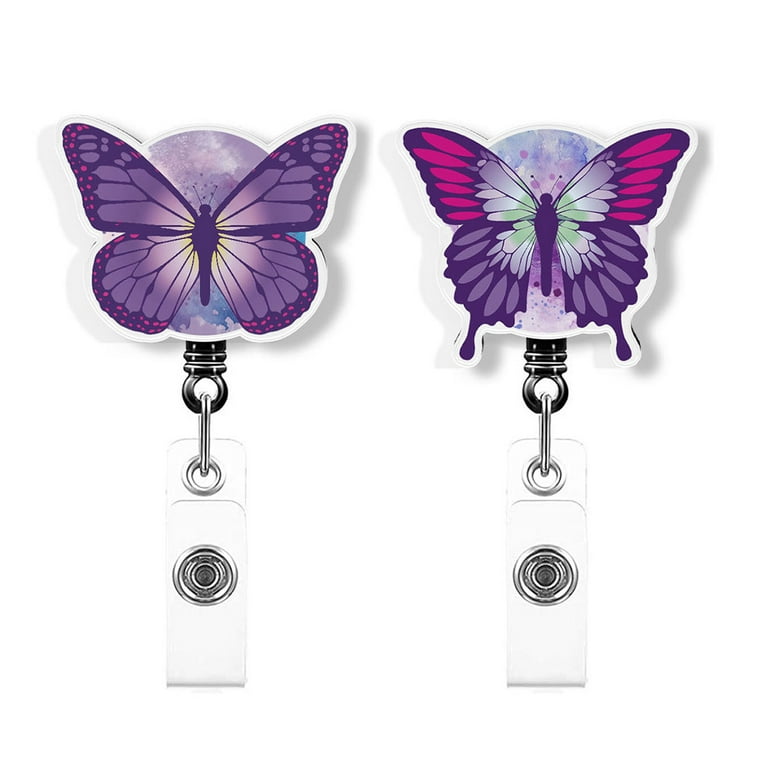 WIRESTER Set 2pcs Design Acrylic Key Card Holder Belt Clip Reel Id Badge  Retractable - Purple Butterflies