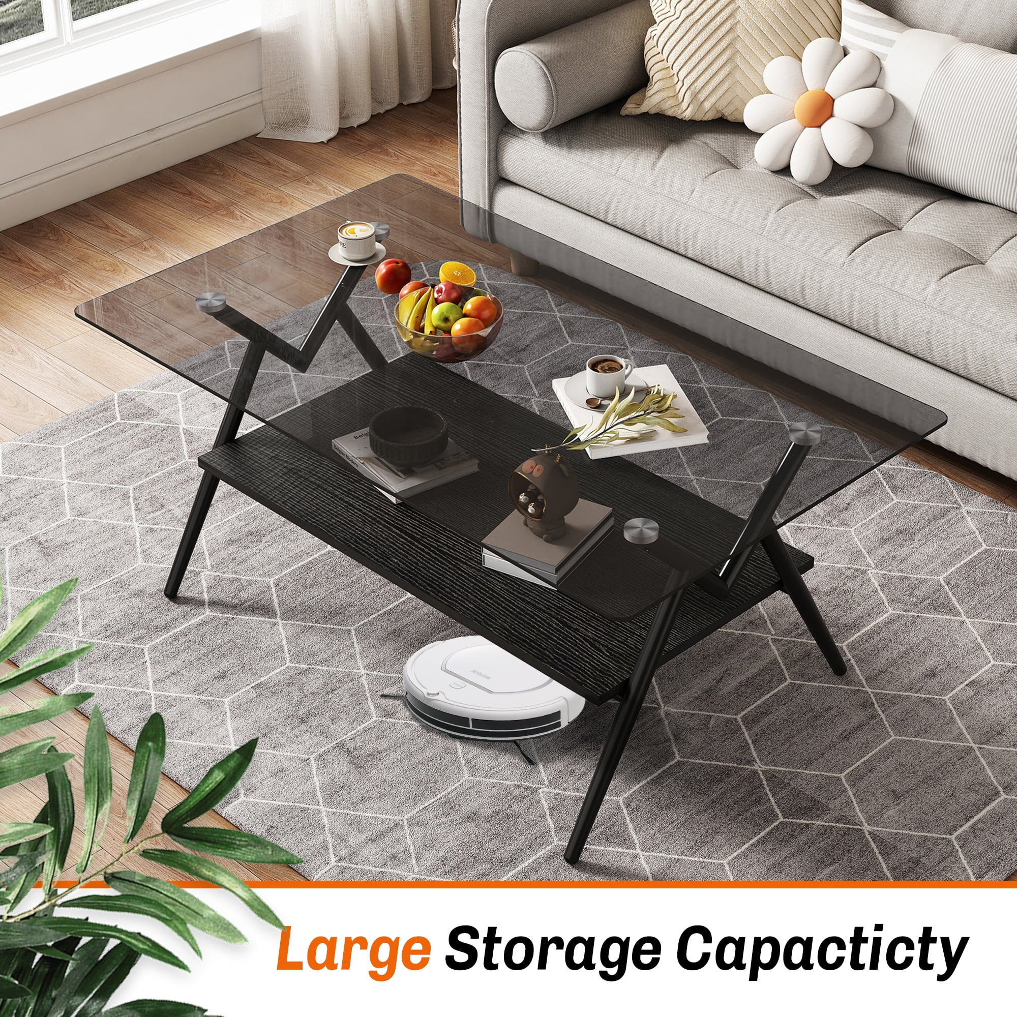 Leumius Glass Coffee Table with Lower Shelf,Clear Rectangle Glass Coffee Table, Modern Coffee Table with Metal Legs for Living Room,Black+Gray