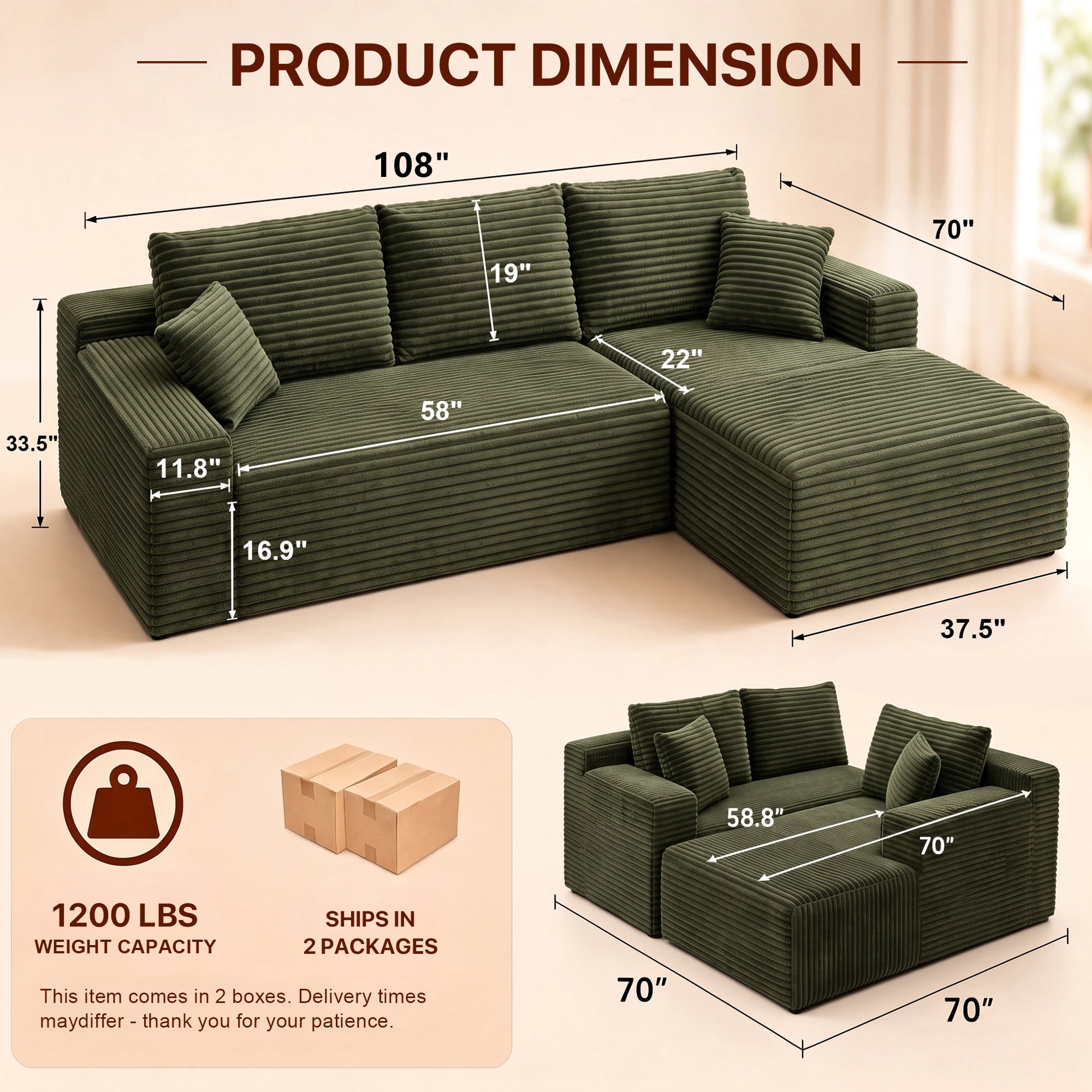 Aukfa 108" Cloud Sectional Sofa Oversized Boneless Couch Modular L-Shaped Sofa, Right Chaise Corduroy Sofa for Living Room, Green