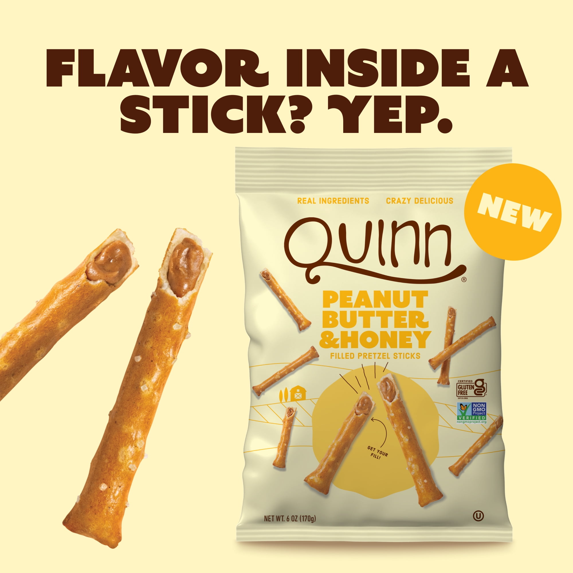 (3 pack) Quinn Gluten Free Peanut Butter & Honey Filled Pretzel Sticks, 6 oz