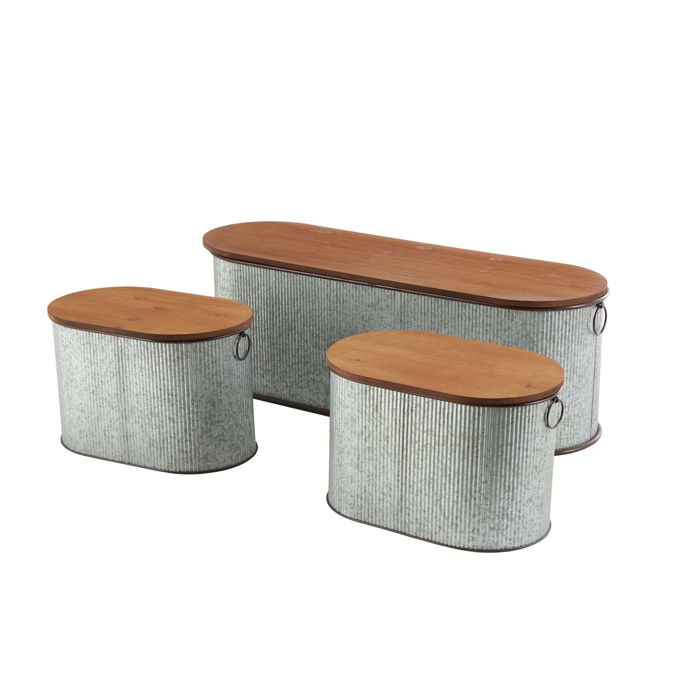 DecMode Metal Storage Bench with Brown Wood Top, Gray, Set of 3