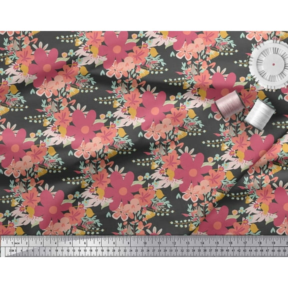 Soimoi Gray Cotton Duck Fabric Artistic Leaf & Floral Fabric Prints By Yard 42 Inch Wide