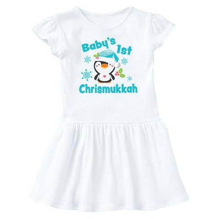 

Inktastic Baby s 1st Chrismukkah with Cute Baby Penguin and Snowflakes Gift Baby Girl Dress