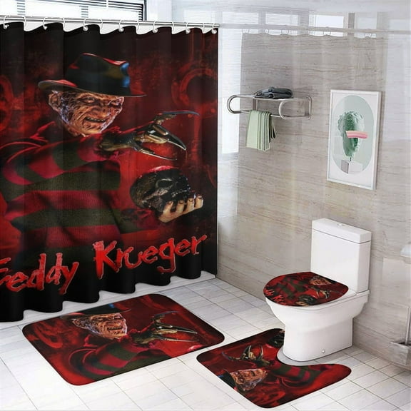 Freddy Krueger 4 Piece Shower Curtain Set with Non-Slip Rugs, Toilet Lid Cover and Bath Mat, Funny Bathroom Curtains Decor Set with Rugs and 12 Hooks, 72" x 72"