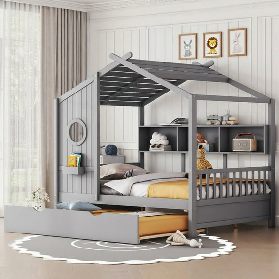 Bellemave Full Size House Bed with Trundle, Full Bed Frame with Storage Bookshelves, Wood House Bed with Roof, Grey