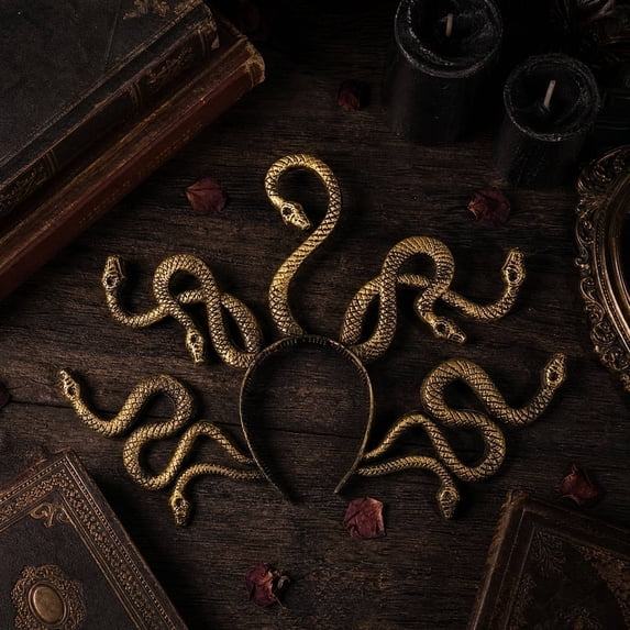 Halloween Medusa Snake Headband Spooky Themed Dress Accessory for Themed Events and Party Favor for Teens and Adults Gold Finish