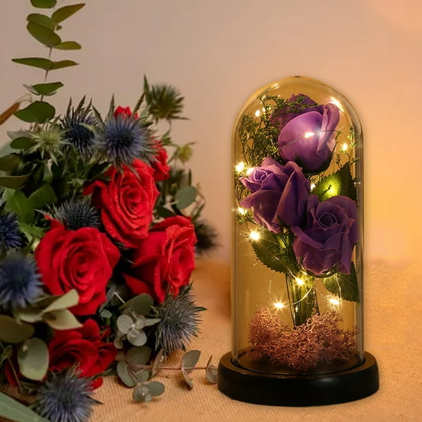 Decoración del hogar, decoración de habitaciones, decoración de pared, rosa de plástico con luz LED, base de madera de plástico para San Valentín, regalo de aniversario de boda, adorno de rosa