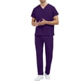 thumbnail image 2 of Men's Medical Scrubs Uniform Set Short Sleeve V-Neck Top & Pants Breathable Nursing Workwear for Healthcare Workers Purple XL, 2 of 5