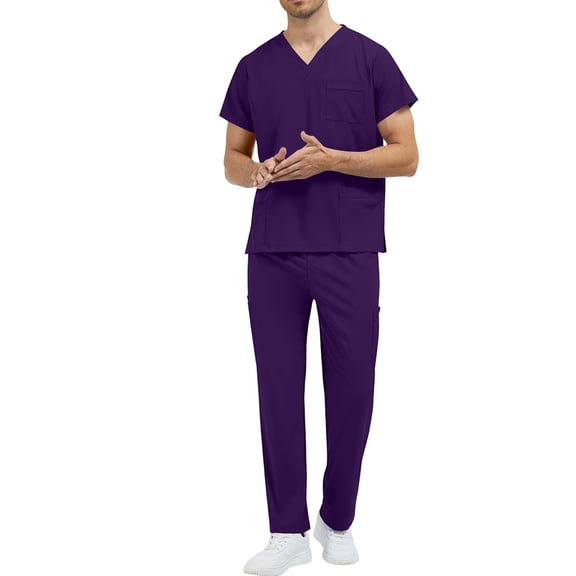 Short Sleeve V-Neck Men's Scrubs Set 2 Piece Medical Nursing Uniform with Functional Pockets for Doctor Nurse Coffee XL