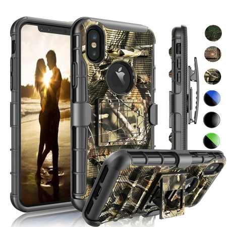 iPhone X Case, iPhone X Holster Belt, iPhone X Hard Cver, Njjex Shock Absorbing Swivel Locking Belt Heavy Kickstand Carrying Tank Armor Camouflage Cases Cover For Apple A1901, A1865 -Leaf