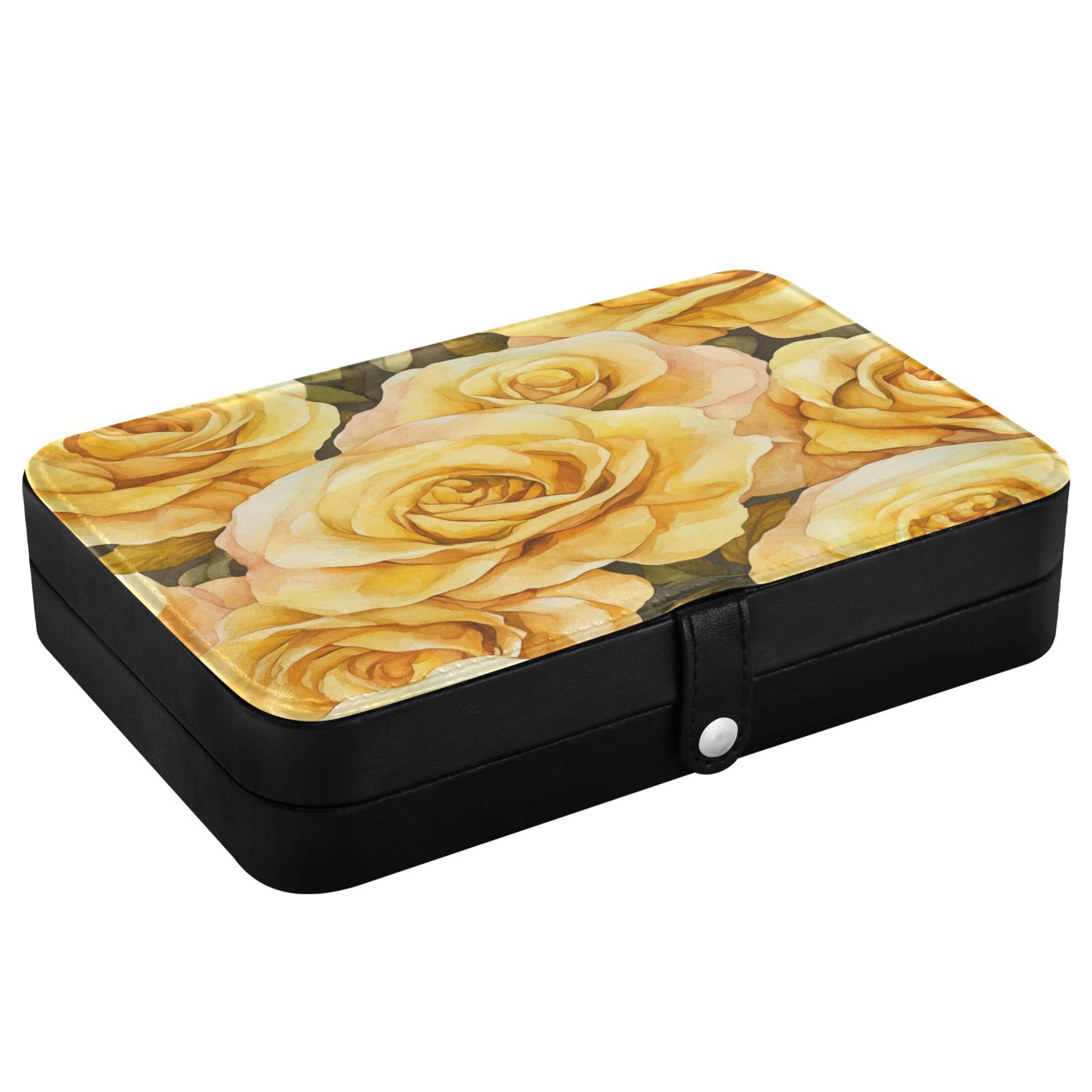 Leather Jewelry Box Rectangular 8.27x5.5x1.78In Travel Jewelry Storage Earrings Necklace Bracelet Watch Brooch Storage Gold Roses Seamless