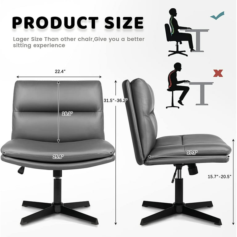 Armless Home Office Desk Chair no Wheels, PU Leather Swivel Vanity Chair  with Criss Cross Leg and Wide Padded Seat, 105°-120° Rocking Accent Chair  for