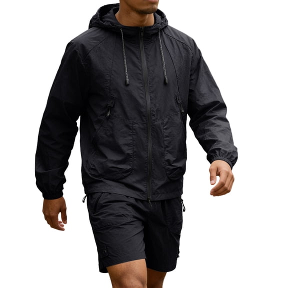 Hearthz Men's Tracksuits Set 2 Piece Full Zip Men UPF 50 UV Protection Hoodie Jacket and Shorts Quick Dry Beachwear Matching Fishing Sets Black L