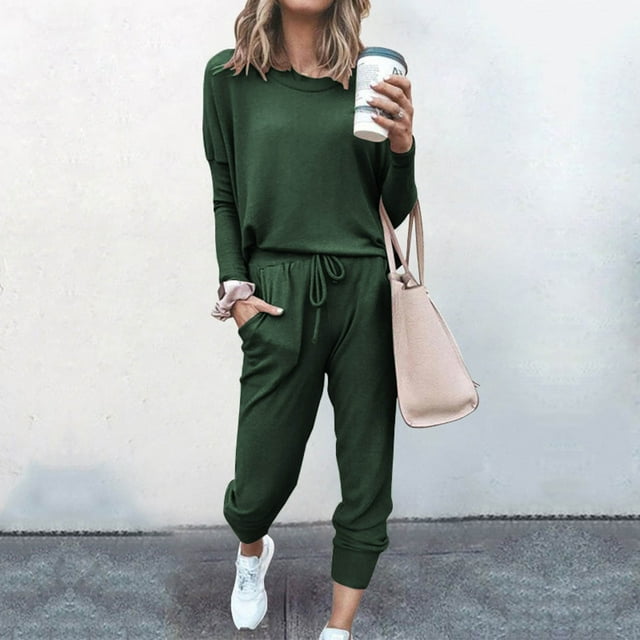 Weiqiqre Ensemble Détente 2 Pcs pour Femme d'Automne Chandail à Manches Longues à Col Rond Hauts Pantalon Taille Haute Ensemble Survêtement