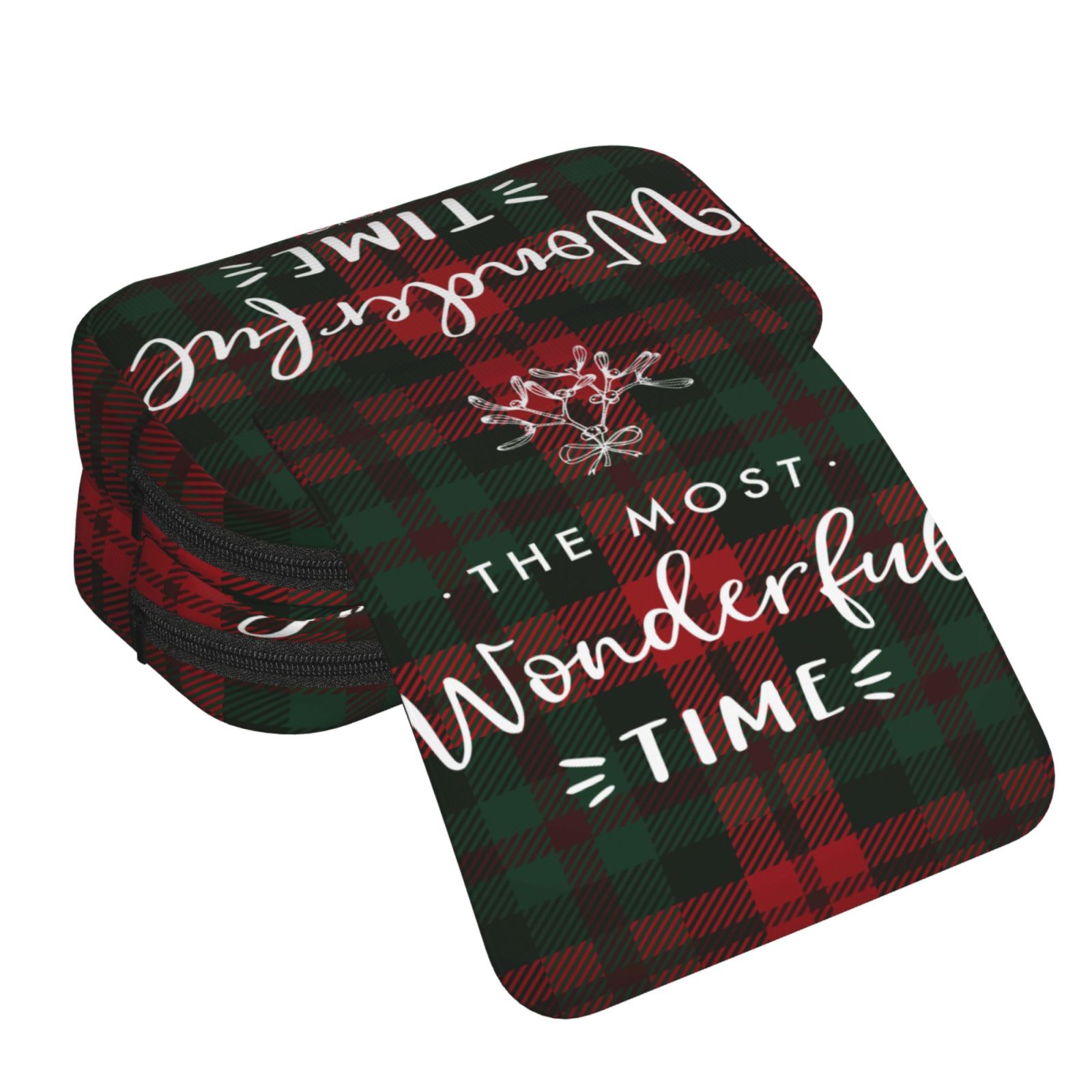 Rateoe Wonderful Time Christmas Pattern Double Clamshell Pen Case, Storage Organizer with Two Zipper Compartments– Holds Up to 50 Pencils & Pens