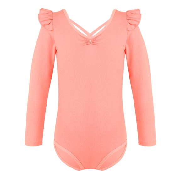 Alvivi Girls Ruffle Shoulder Ballet Dance Gym Leotard One Piece Long Sleeve Crisscross Bodysuit Orange Pink 13-14