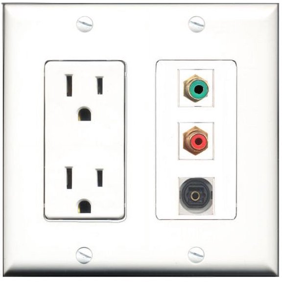 RiteAV - 15 Amp Power Outlet 1 Port RCA Red 1 Port RCA Green 1 Port Toslink Decorative Wall Plate