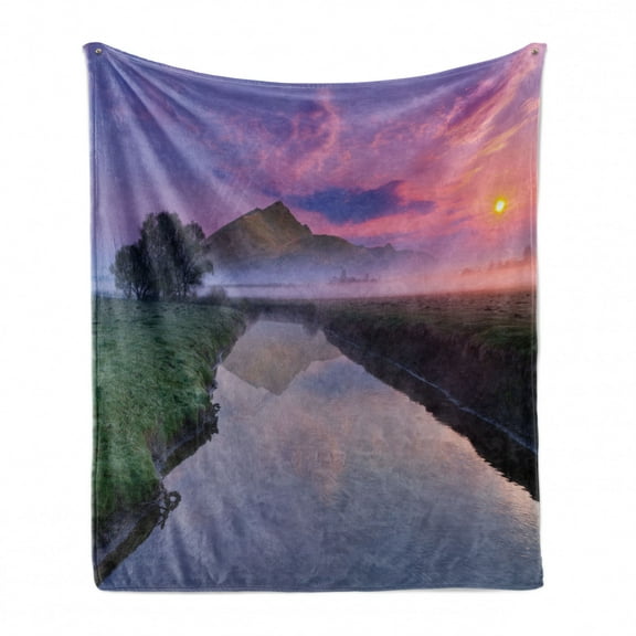 Landscape Soft Flannel Fleece Throw Blanket, Still Lake View with Misty Purple Sunny Sky and Big Mountain on the Background, Cozy Plush for Indoor and Outdoor Use, 50" x 60", Multicolor, by Ambesonne