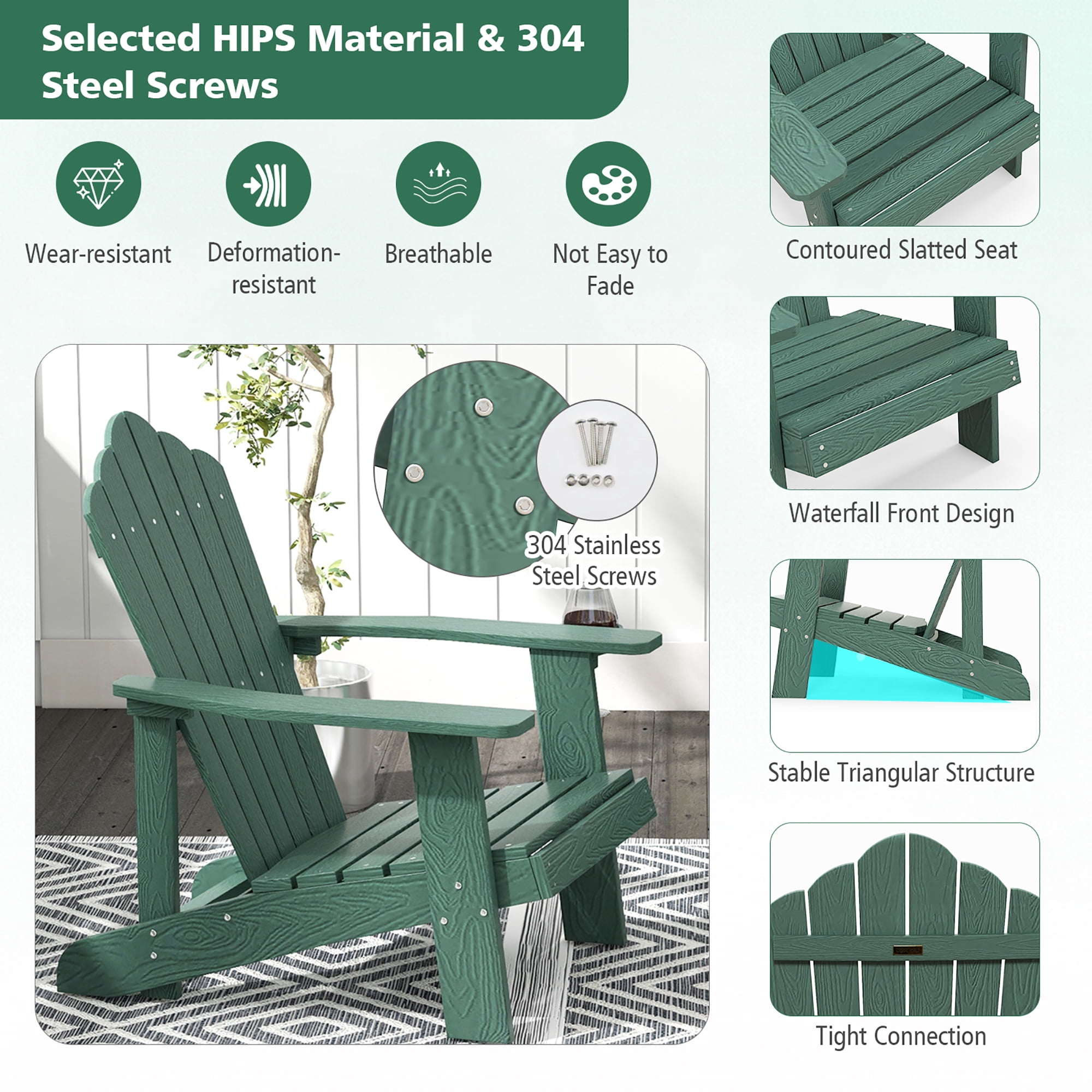 Gymax Patio HIPS Outdoor Weather Resistant Slatted Chair Adirondack Chair w/ Cup Holder Dark Green