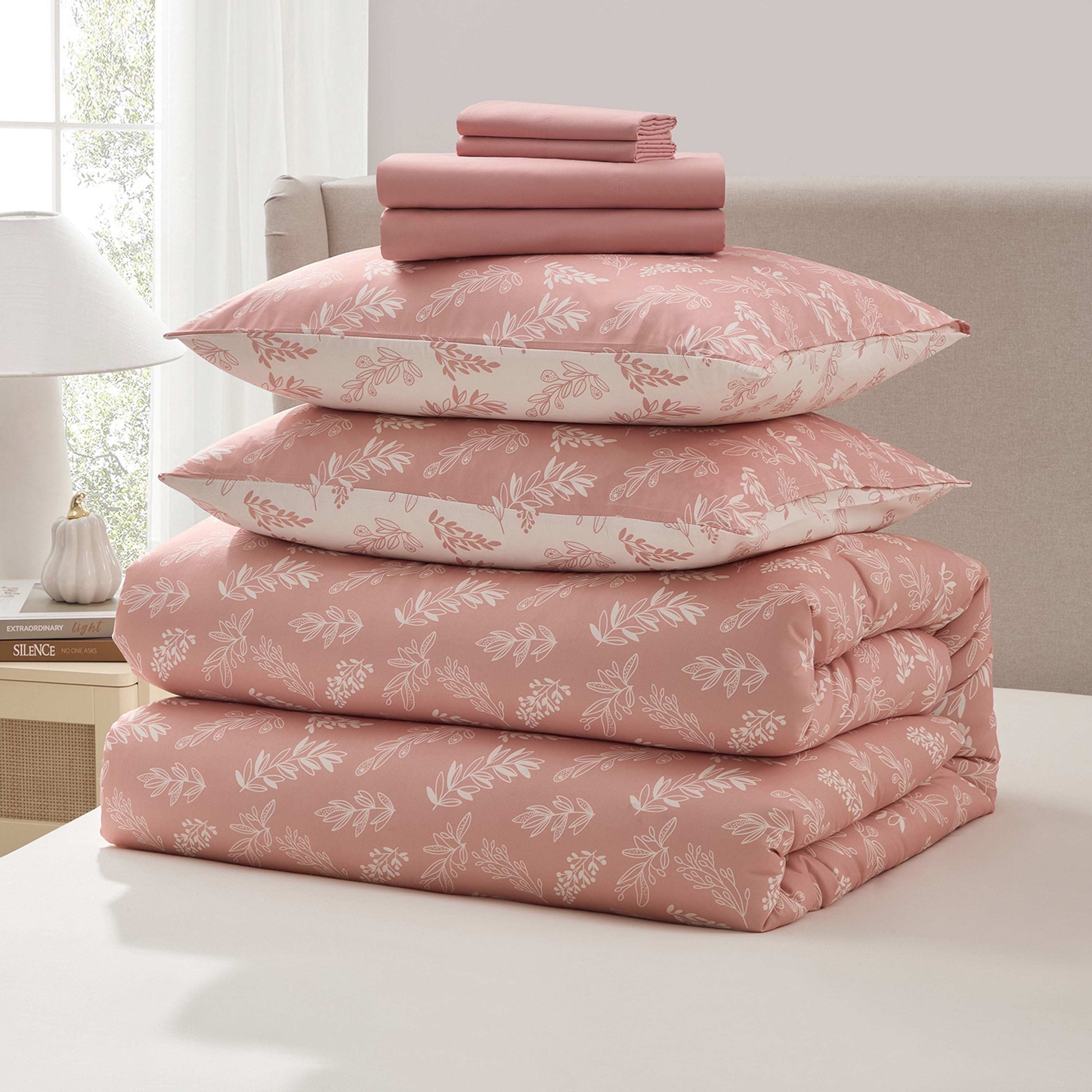 LammaLoe Twin Comforter Sets, 5 Piece Botanical Bed in a Bag, Reversible Bedding Comforter Set with Sheets, Modern Bed Set, Bali Blush/Porcelain Glow