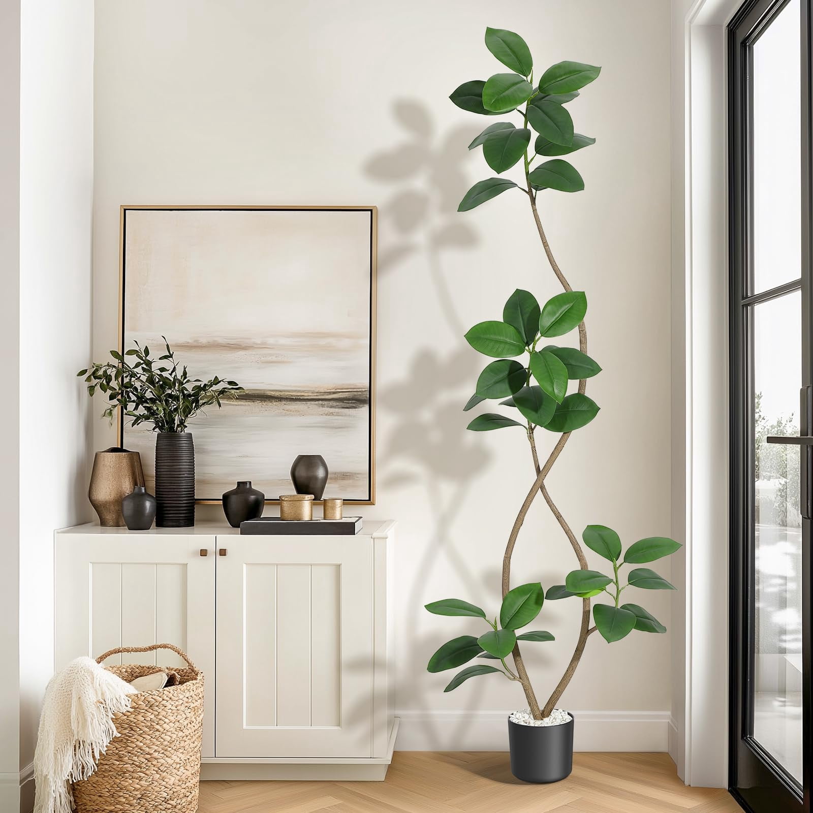 5FT Artificial Plant Rubber Tree with White Sphere Resin Planter & Stone,Faux Plants Indoor Faux Floor Plant Faux Fiddle Leaf Fig Tree Indoor Artificial Tree Tall Plant Fake Tree for Home Decor