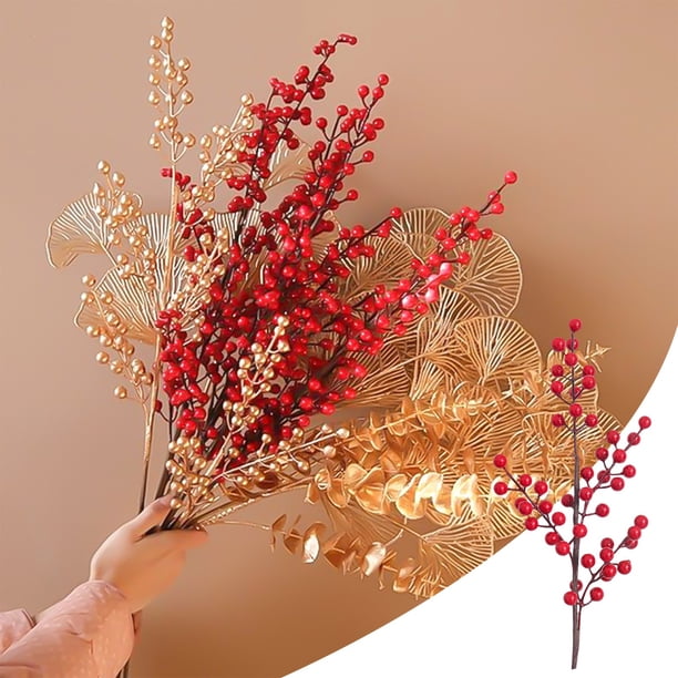 Tallos Artificiales de Frutos Rojos para Decorar El Árbol de Navidad | 4 Ramas de Bayas de Espuma Bifurcadas de 45 Cm | Suministros para Manualidades Navideñas | Decoración Festiva para El Hogar, Rel