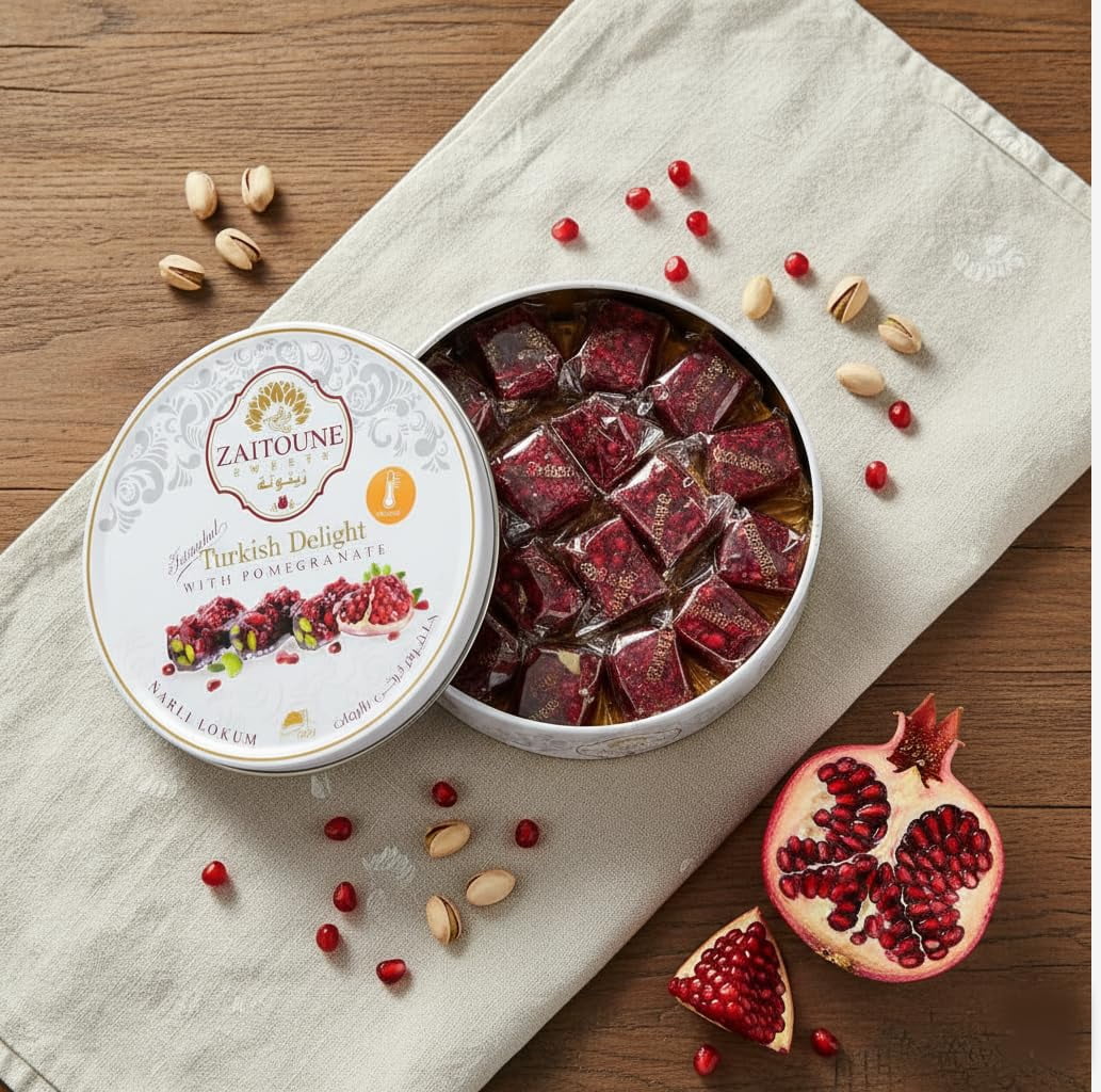 Zaitoune Pomegranate Covered Turkish Delight - 9 oz  Coated with Dried Pomegranate Seeds & Individually Wrapped