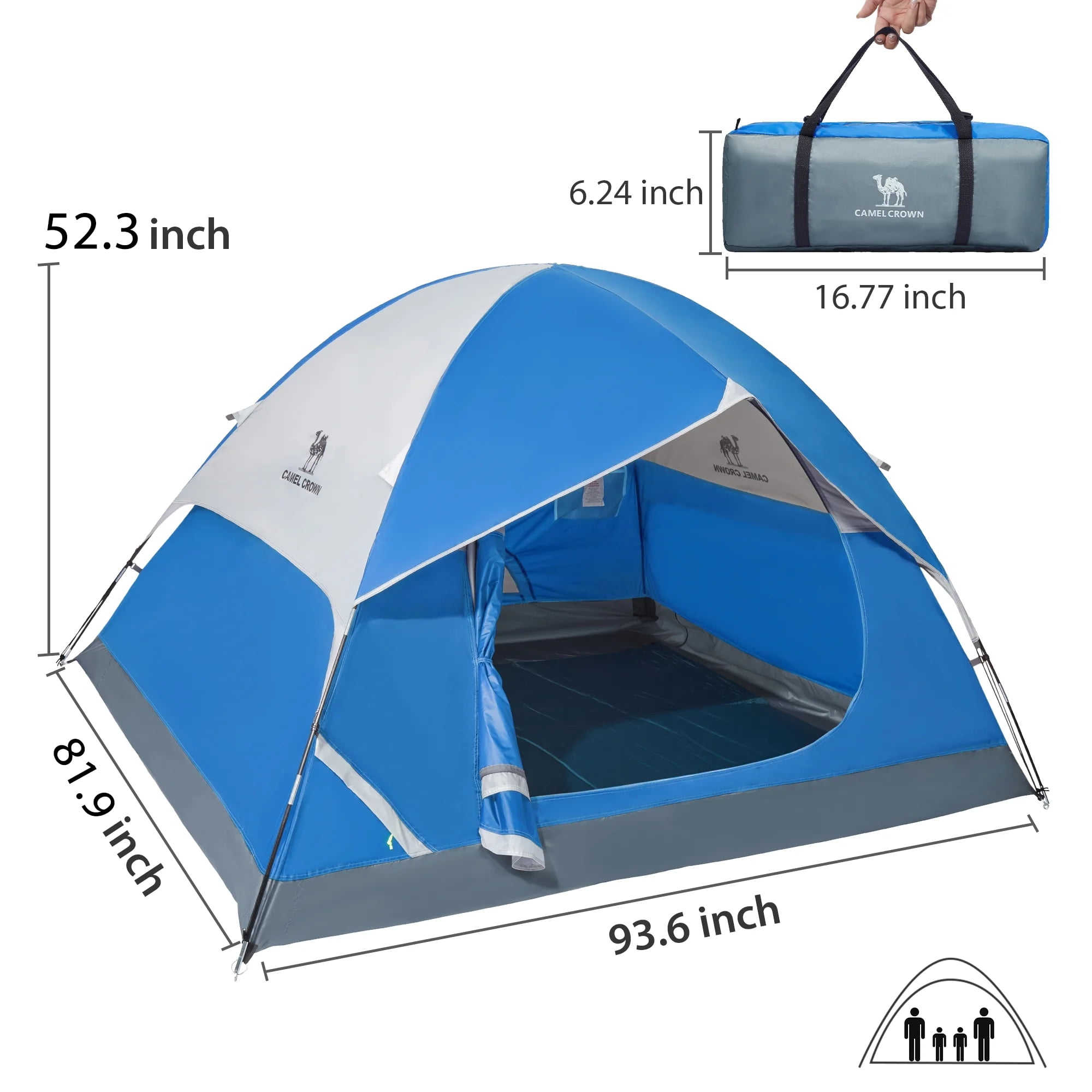 Camel Crown 3-4 Person Dome Tent Waterproof Camping Tents Outdoor Travel Backpacking Tent,Dark Blue Gray