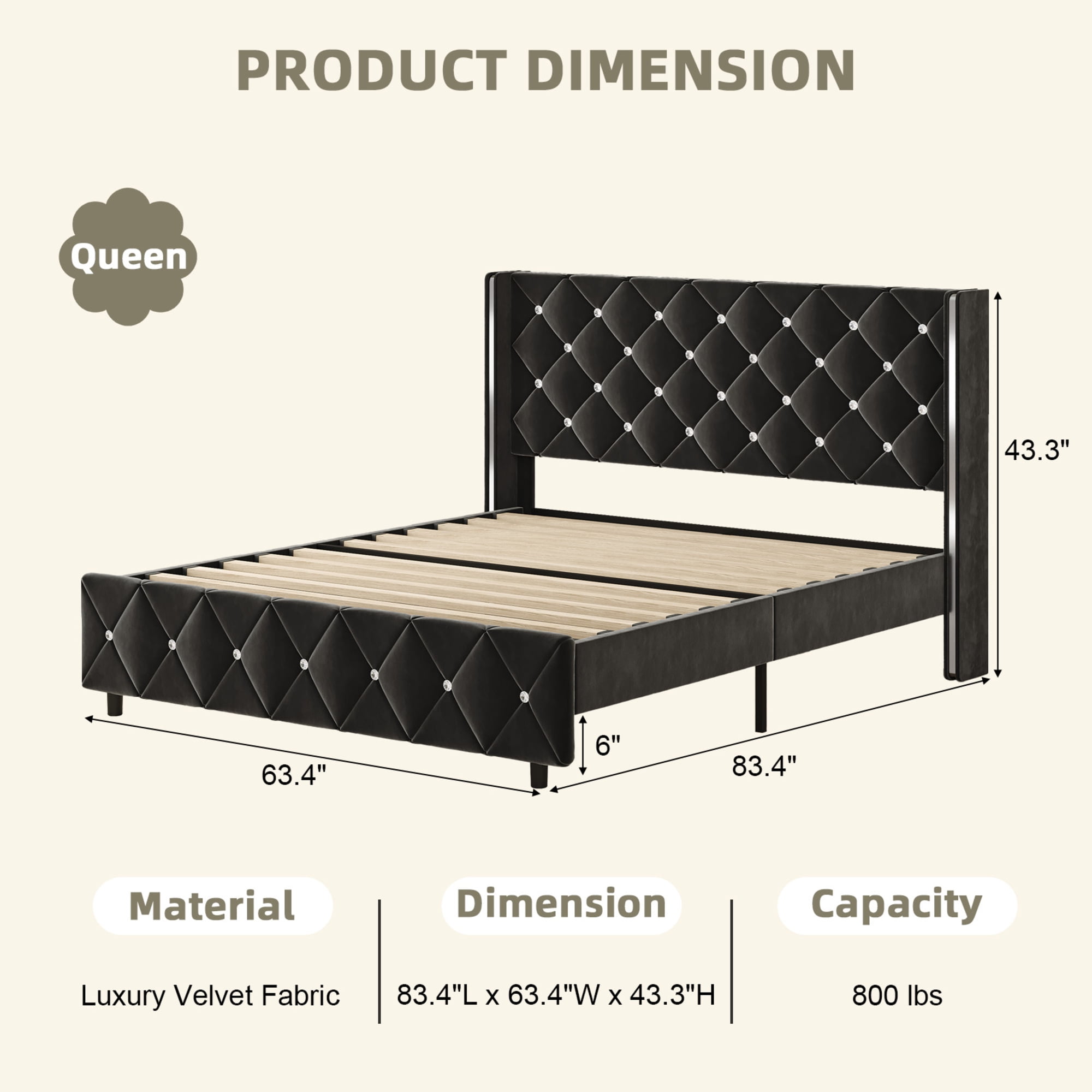 4 EVER WINNER Queen Size Black Upholstered Bed Frame with Silver Trim & Button Tufting, Velvet Platform Bed, No Box Spring Needed, Noise-Reduced Mattress Base