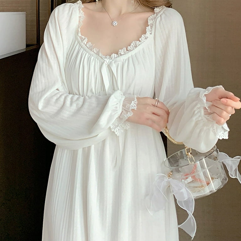 QWANG Women's White Lace Sexy Nightgown with Bra Pads, Soft Full Slips  Dresses Victorian Nightgown Cotton Long Sleeve Vintage Old Fashioned Gown  The