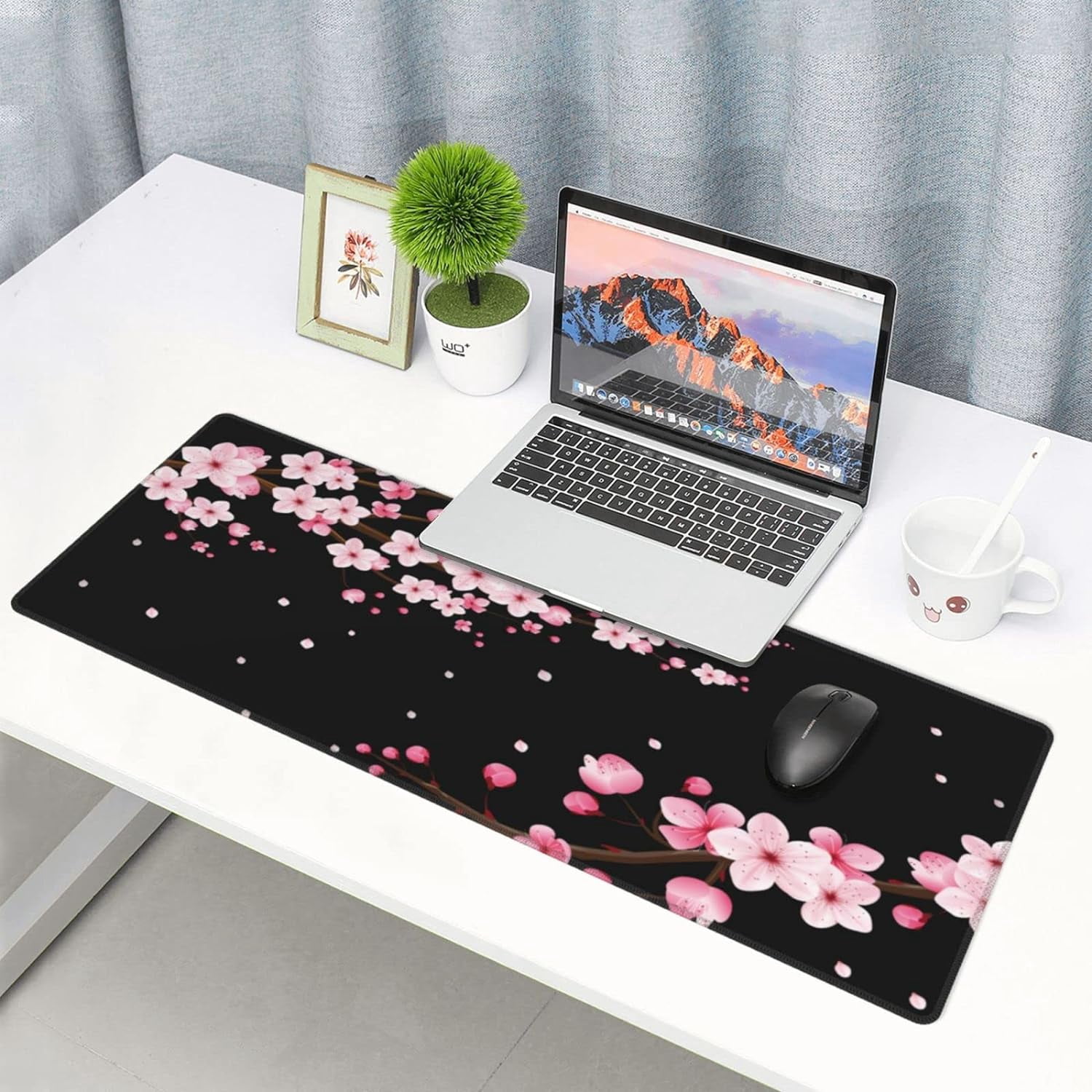 Pink Cherry Blossom Mouse Pad 31.5x11.8 Inch Black Japanese Anime XL Large Gaming Extended Mousepad Big Desk Pad Stitched Edges Rubber Keyboard Mat for Office Desktop