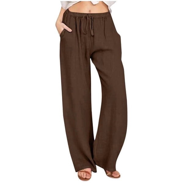 Pantalones palazzo de lino de cintura alta para mujer: pierna ancha, cordón, corte holgado, color liso, pantalones túnica informales con bolsillos, para todas las estaciones