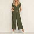 thumbnail image 4 of Funicet Jumpsuits for Women Casual Solid V-neck Button Cut Open Back Casual Short Sleeved Jumpsuit Green S, 4 of 5