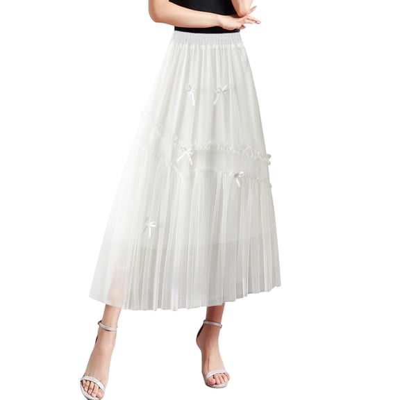 MuXiKeJi Clothes Women's Fashionable Mesh Midi Skirt with Elegant Bow Knot Detail and Pleated Design