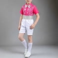 thumbnail image 2 of ZACPNCV Boys Sequined Formal Performance Outfit Set Short Sleeve Collared Top with Rhinestone Waistband Shorts Kids Stage Show Clothing Set 5-6Years A-Hot Pink, 2 of 7