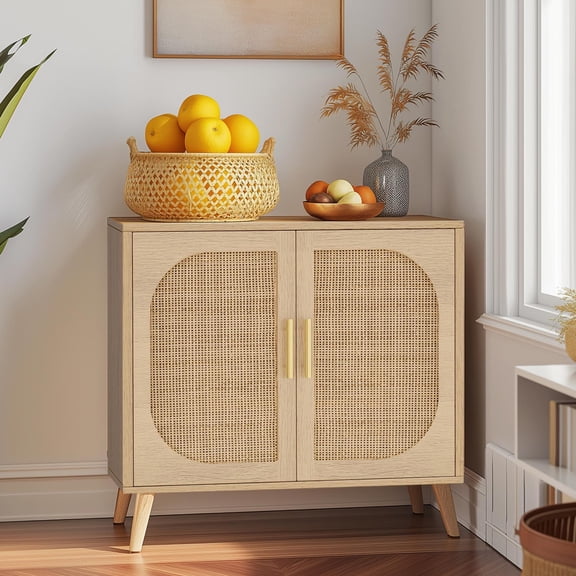 Gzxs Buffet Cabinet with Storage, Accent Sideboard Buffet with Rattan Decor Doors and Solid Wood Feet, for Hallway, Entry, Living Room, 31.5"L x 11.8"W x 28.1"H, Natural