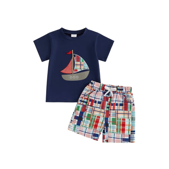 BemeyourBBs Toddler Baby Boy Summer Outfits Infant Baby Boys Clothes Cute Crayfish Lobster Sailboat Embroidery Short Sleeve T Shirt Tops and Pockets Plaid Shorts Set