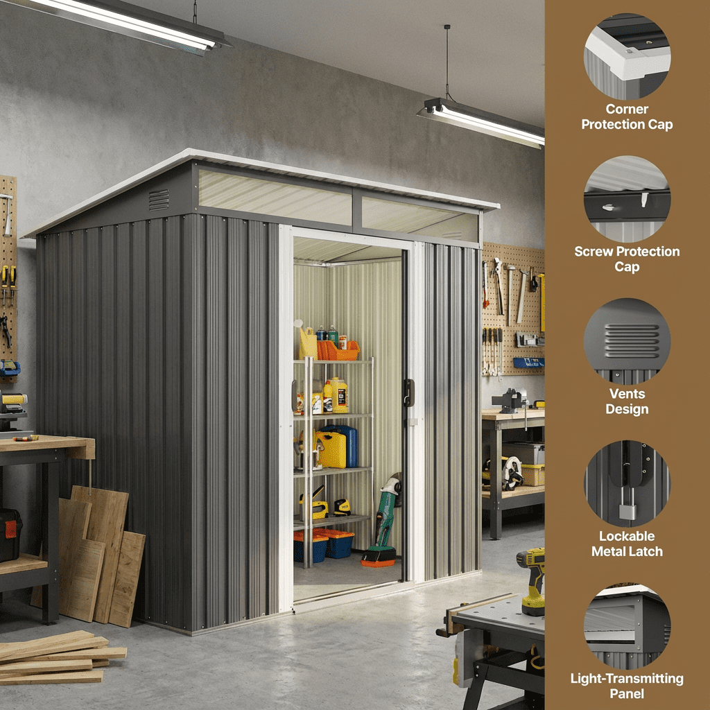 6'x4' Metal Outdoor Storage Shed, Lockable Sliding Doors & Transparent Windows, Multi-functional Tool/Bike Shed for Backyard & Patio, Light Brown