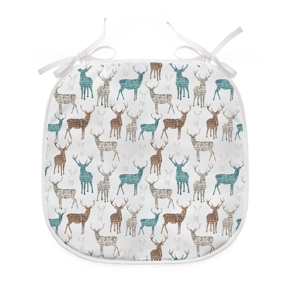 Deer Dining Chair Pad, Animals with Old Text Pattern Christmas Theme Vintage Inspired Illustration, Water Resistant Pillow with Straps for Seats, 12 Pieces Set, Turquoise Brown Beige, by Ambesonne